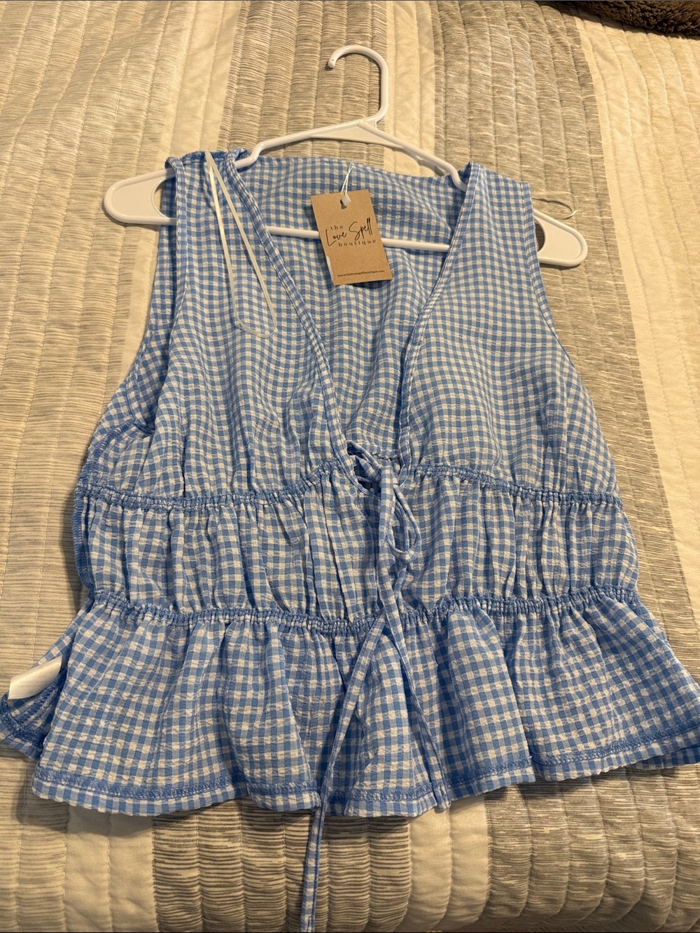 Blue Gingham Peplum Tie-Front Tank